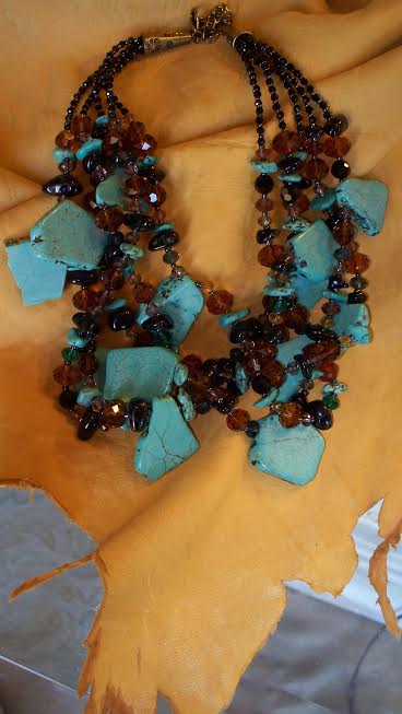 SOLD Southwest Black & Gold Beaded and Turquoise Necklace